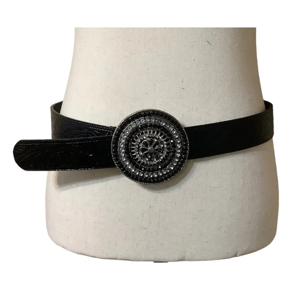 Perry Ellis Embossed‎ Tooled Leather Belt Women Medium Large Circle Boho Buckle